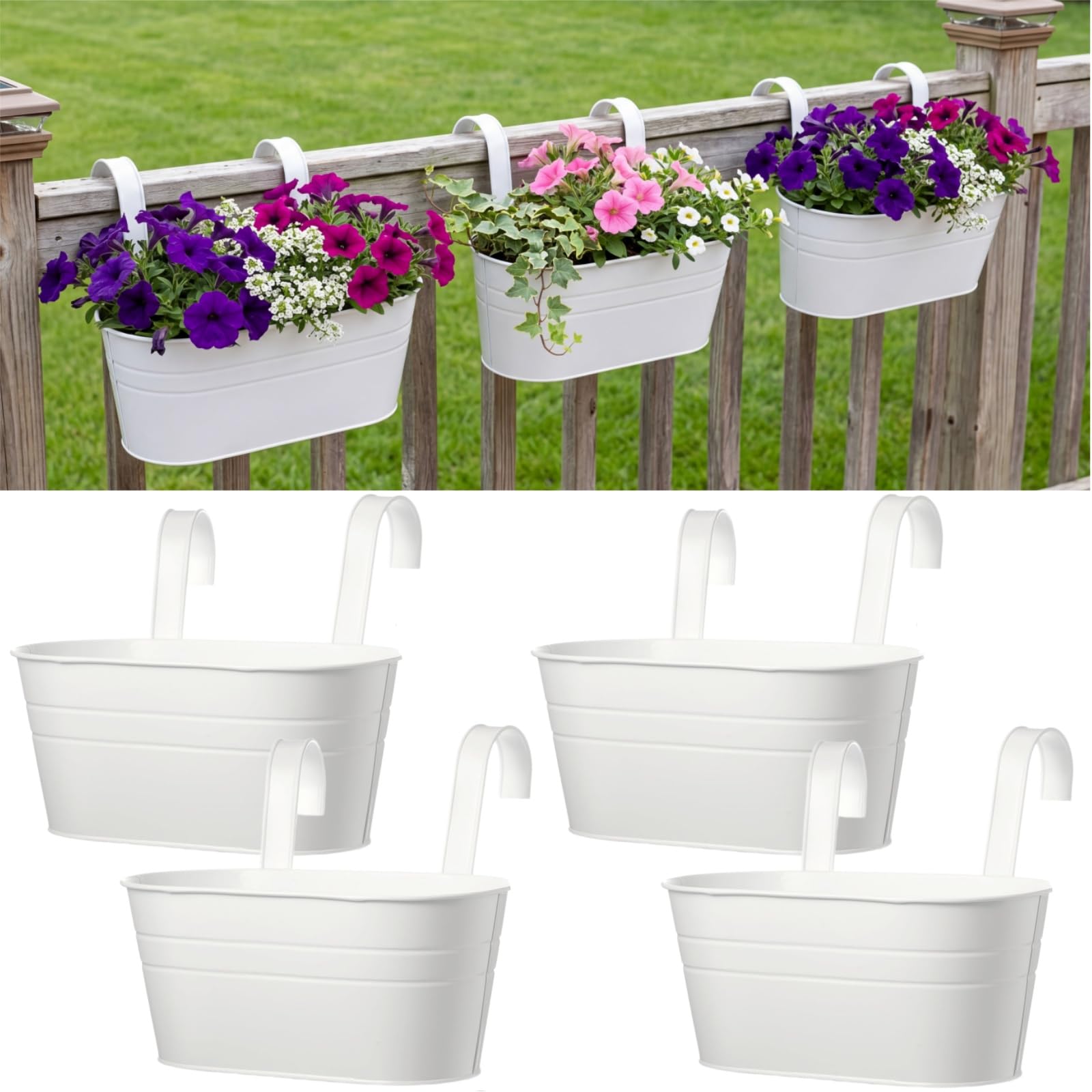 Hicarer front view of four white railing planters showing clean design and versatility