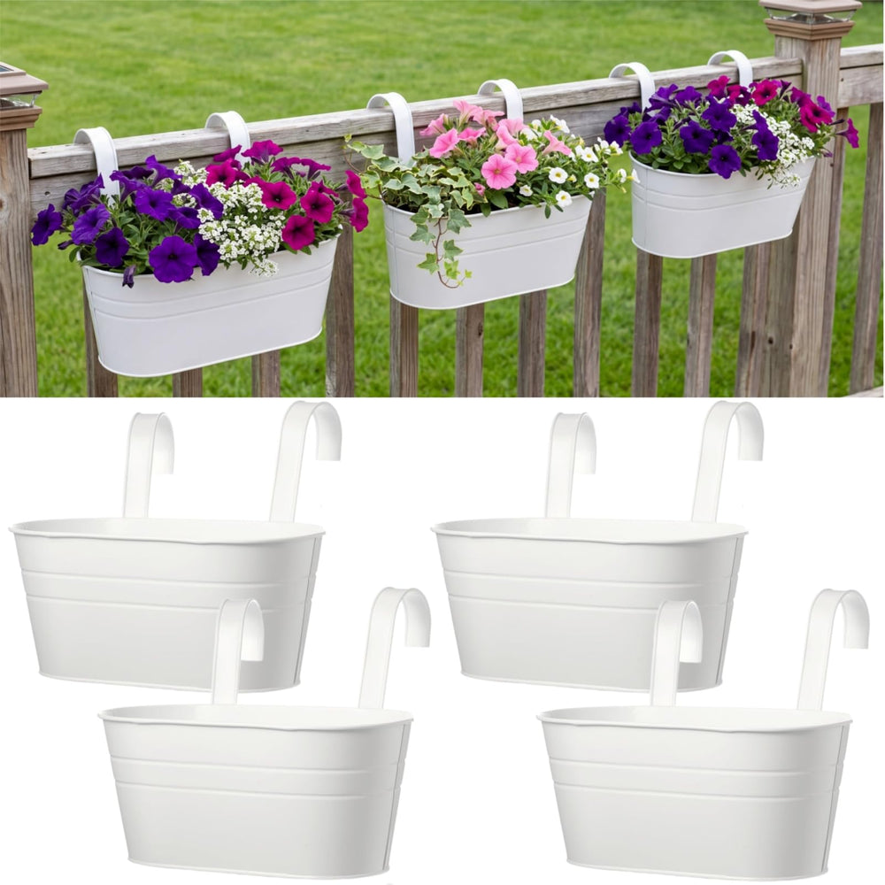 Hicarer front view of four white railing planters showing clean design and versatility