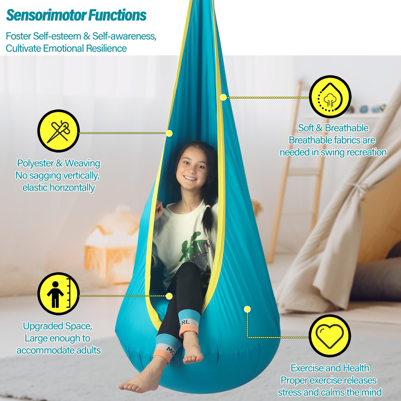 HiChrote child using indoor swing enjoying calming enclosed motion