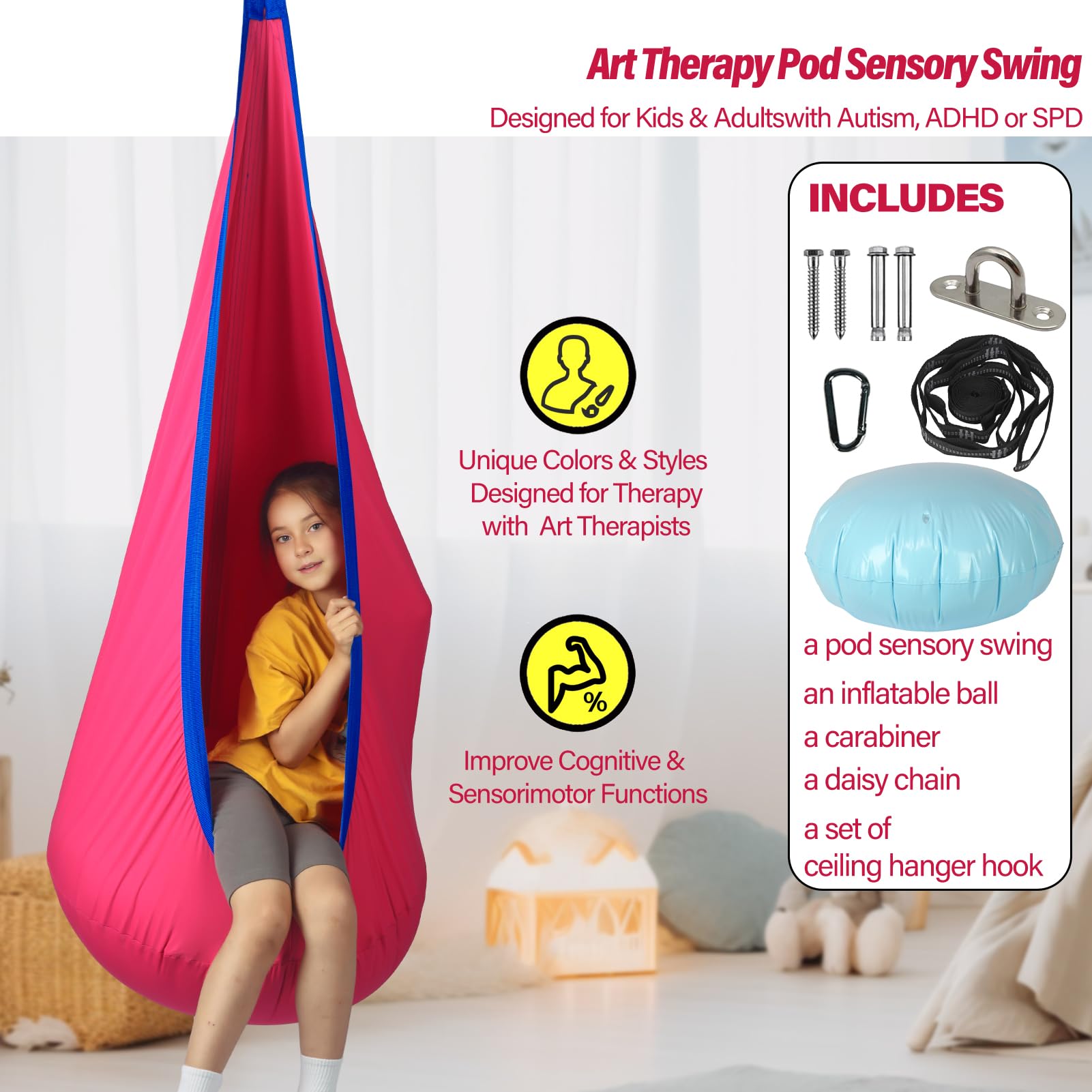 HiChrote child using hammock chair reading to show calming, cozy use