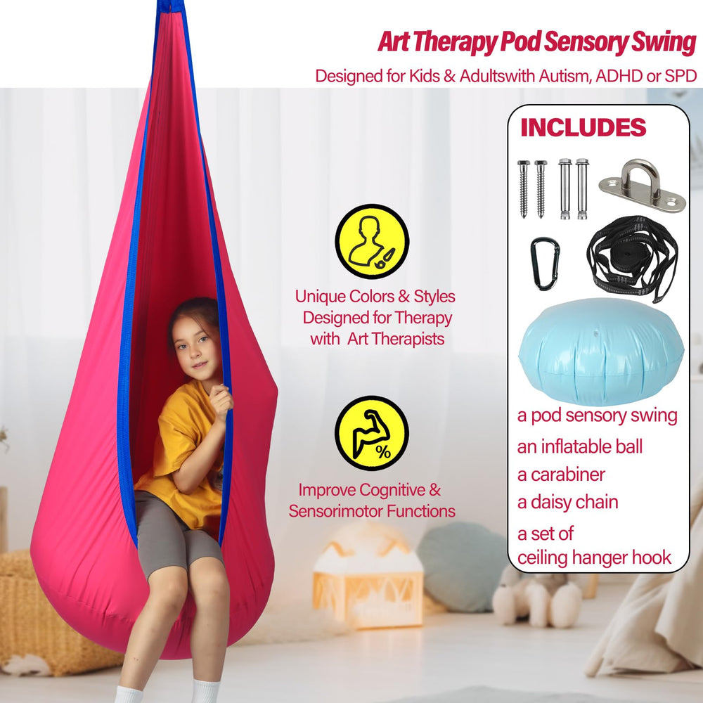 HiChrote child using hammock chair reading to show calming, cozy use