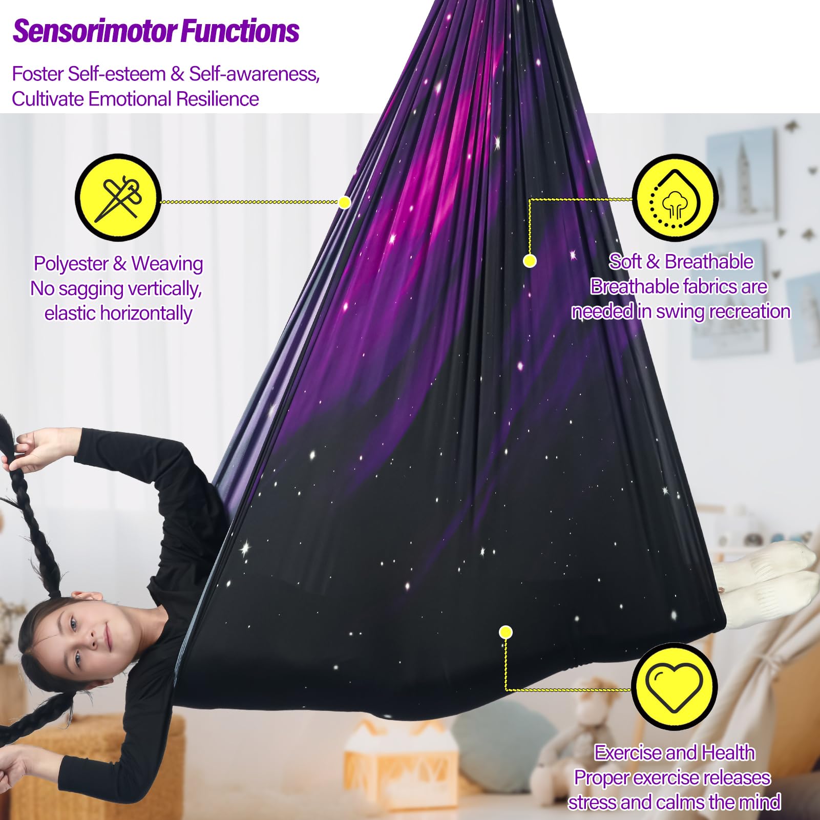 HiChrote child in swing enjoying calming motion and snug compression benefit