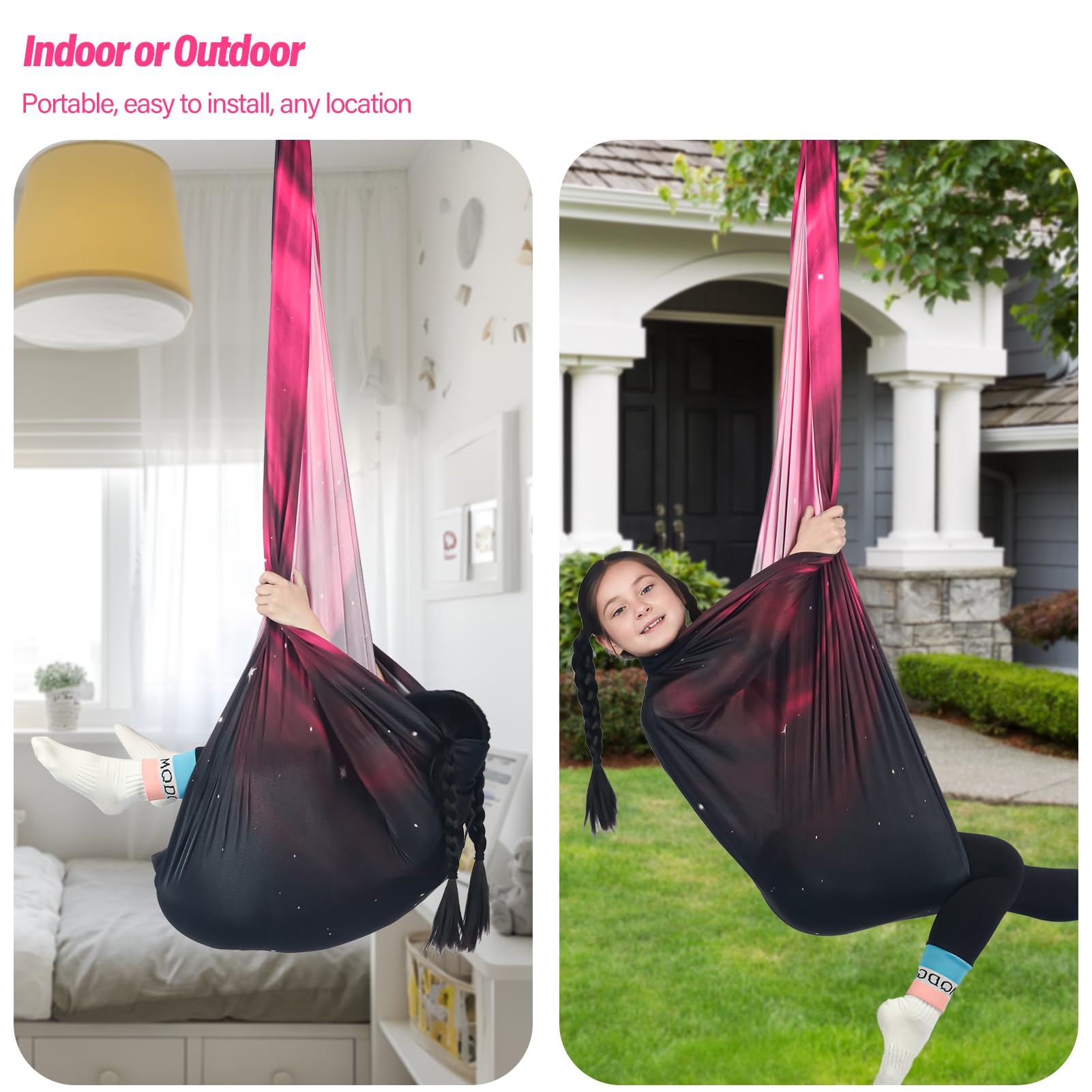 HiChrote outdoor swing installed in backyard showing versatile indoor/outdoor use benefit
