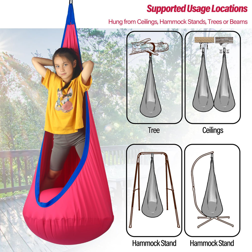 HiChrote pod swing hung from tree in yard illustrating outdoor relaxation