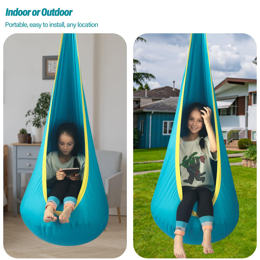 HiChrote outdoor pod swing hung from tree for backyard relaxation