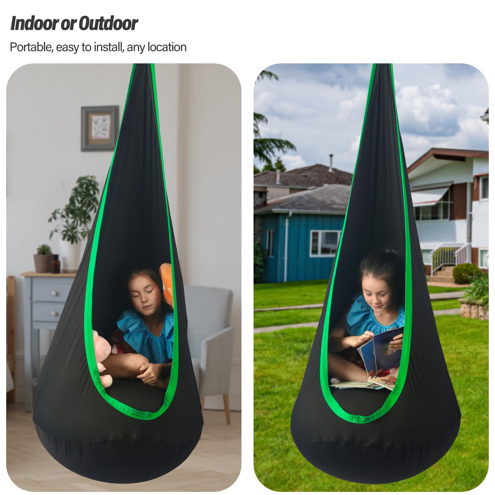 HiChrote pod swing hung from a tree showing outdoor use and sturdy mounting benefit