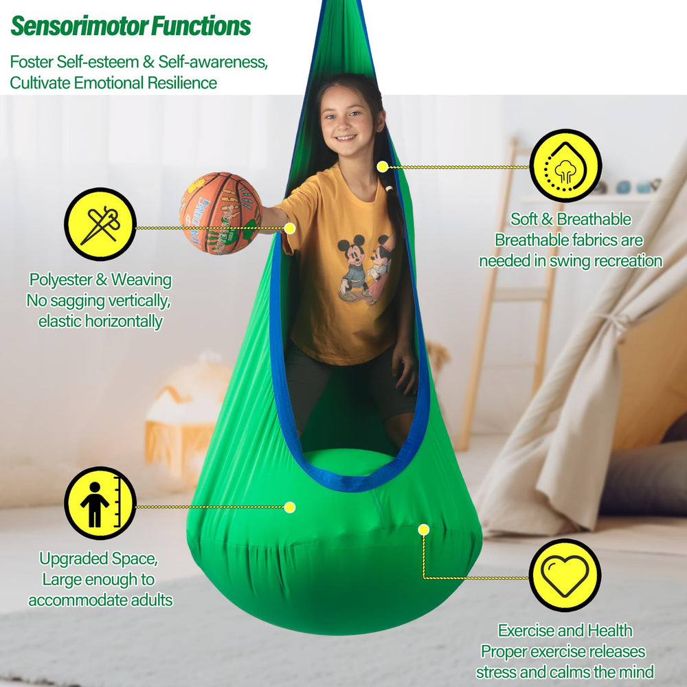 HiChrote child seated in pod swing demonstrating snug compression and calming effect