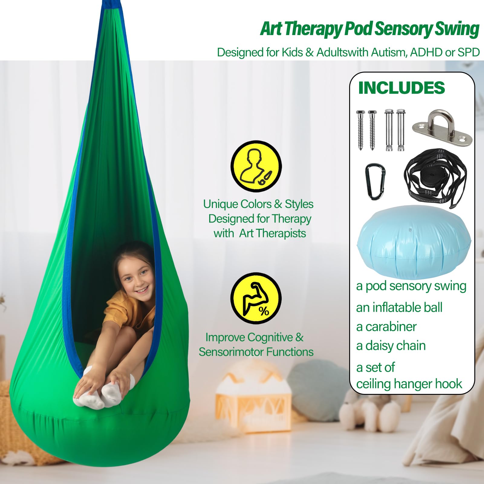 HiChrote installed indoor hanging pod swing demonstrating safe ceiling setup and calm benefit