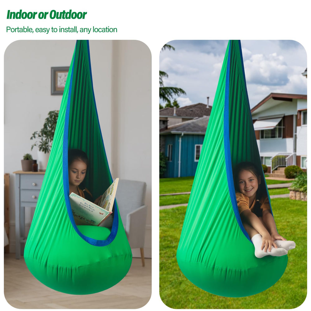 HiChrote pod hammock hanging from tree in backyard showcasing outdoor relaxation and play