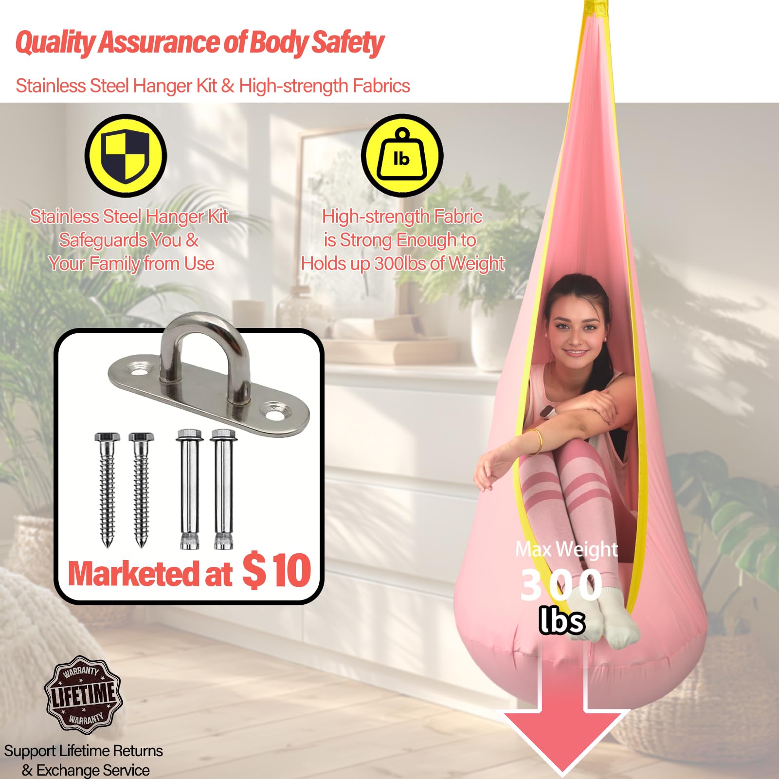 Adult relaxing in HiChrote pod swing demonstrating 300 lb weight capacity