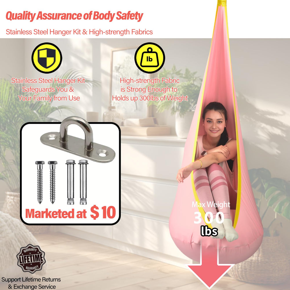 Adult relaxing in HiChrote pod swing demonstrating 300 lb weight capacity