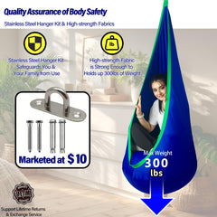 HiChrote adult seated in pod swing demonstrating spacious size and 300 lb support