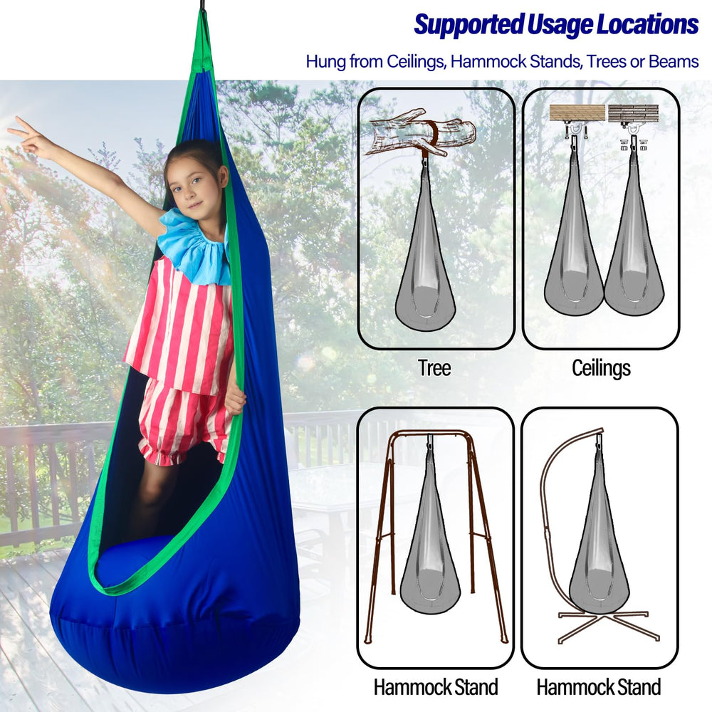 HiChrote ceiling-mounted pod swing installation showing proper hanging for stability