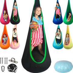 HiChrote front view of pod swing showing roomy entrance and secure stitching benefit comfort