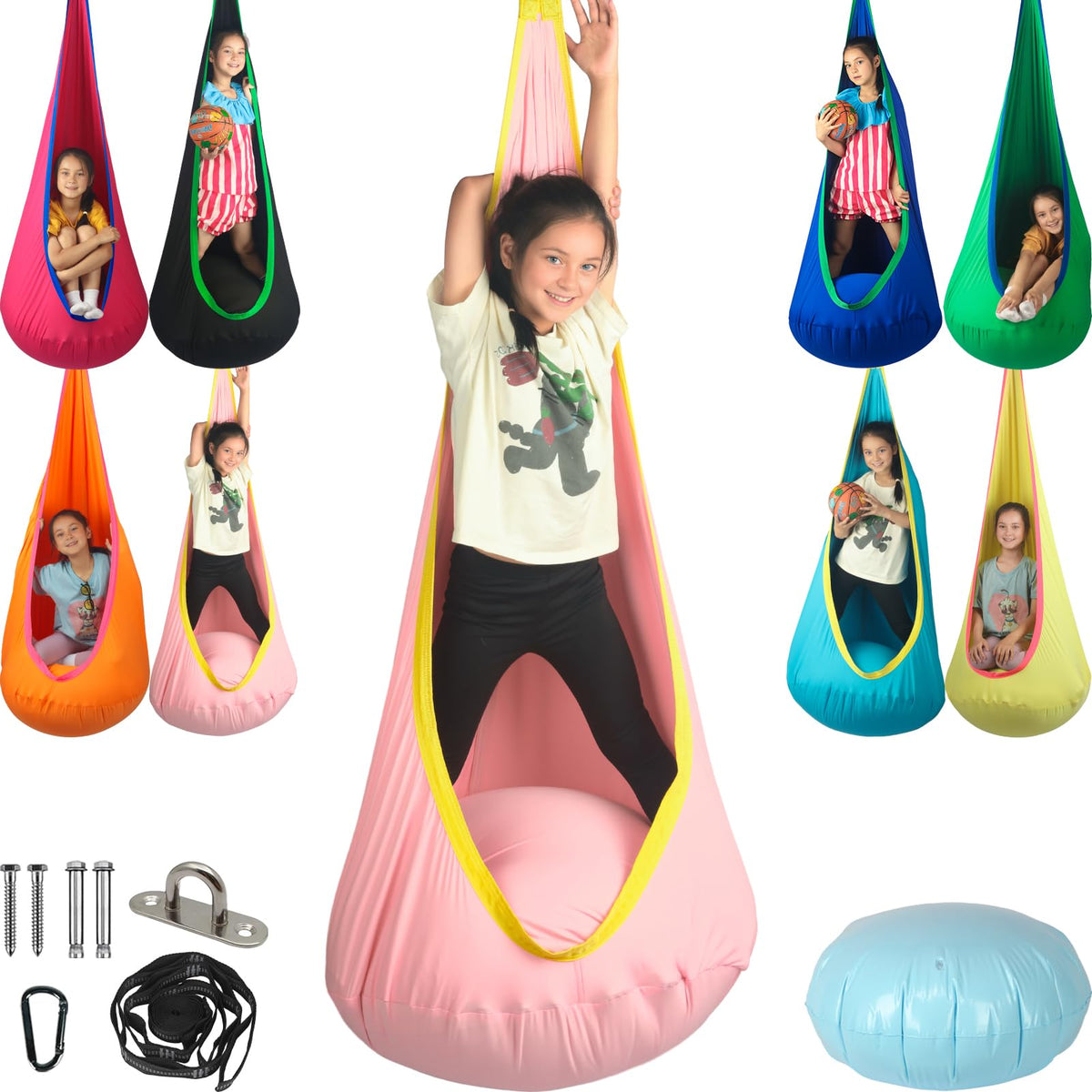 HiChrote pod swing front view showing roomy cocoon and zipper for comfort