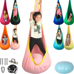 HiChrote pod swing front view showing roomy cocoon and zipper for comfort