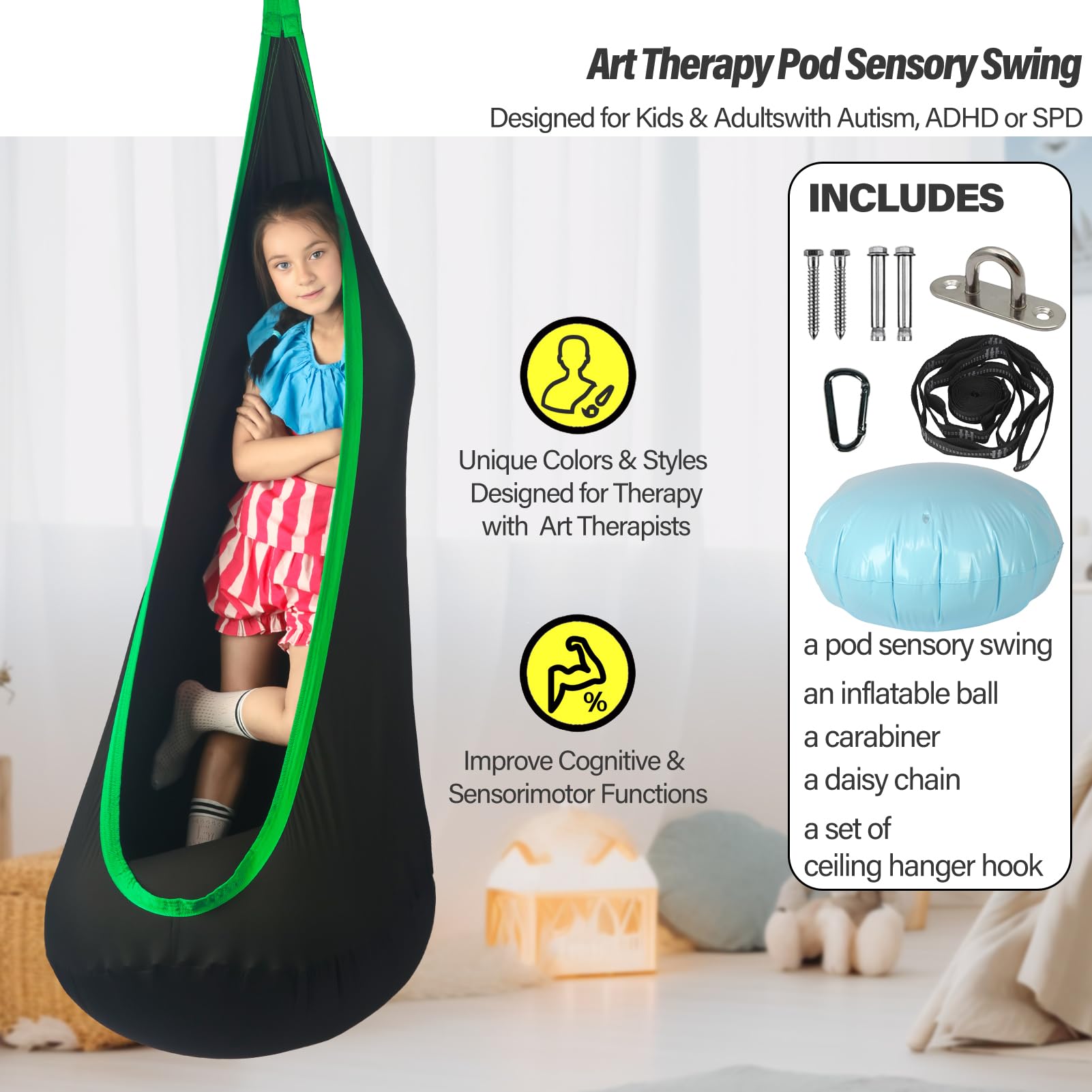 HiChrote child reading in pod swing demonstrating calming comfort and private play benefit