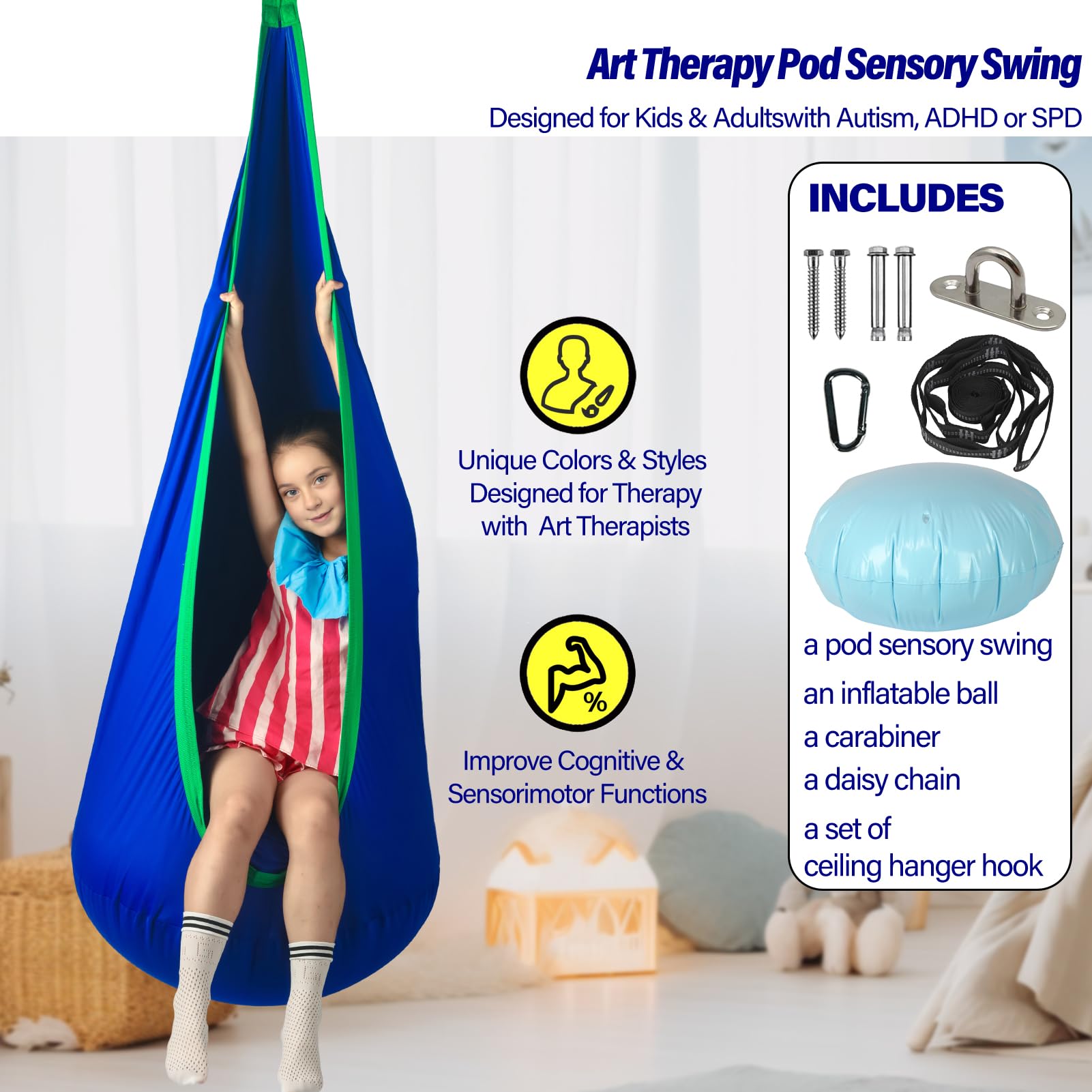 HiChrote child using pod swing illustrating calming compression and gentle movement
