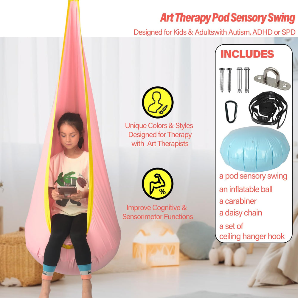 Child using HiChrote pod swing enjoying gentle motion and calming compression