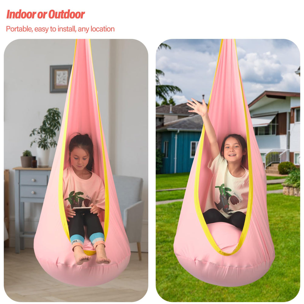 HiChrote pod swing in backyard lifestyle scene enhancing playtime and relaxation