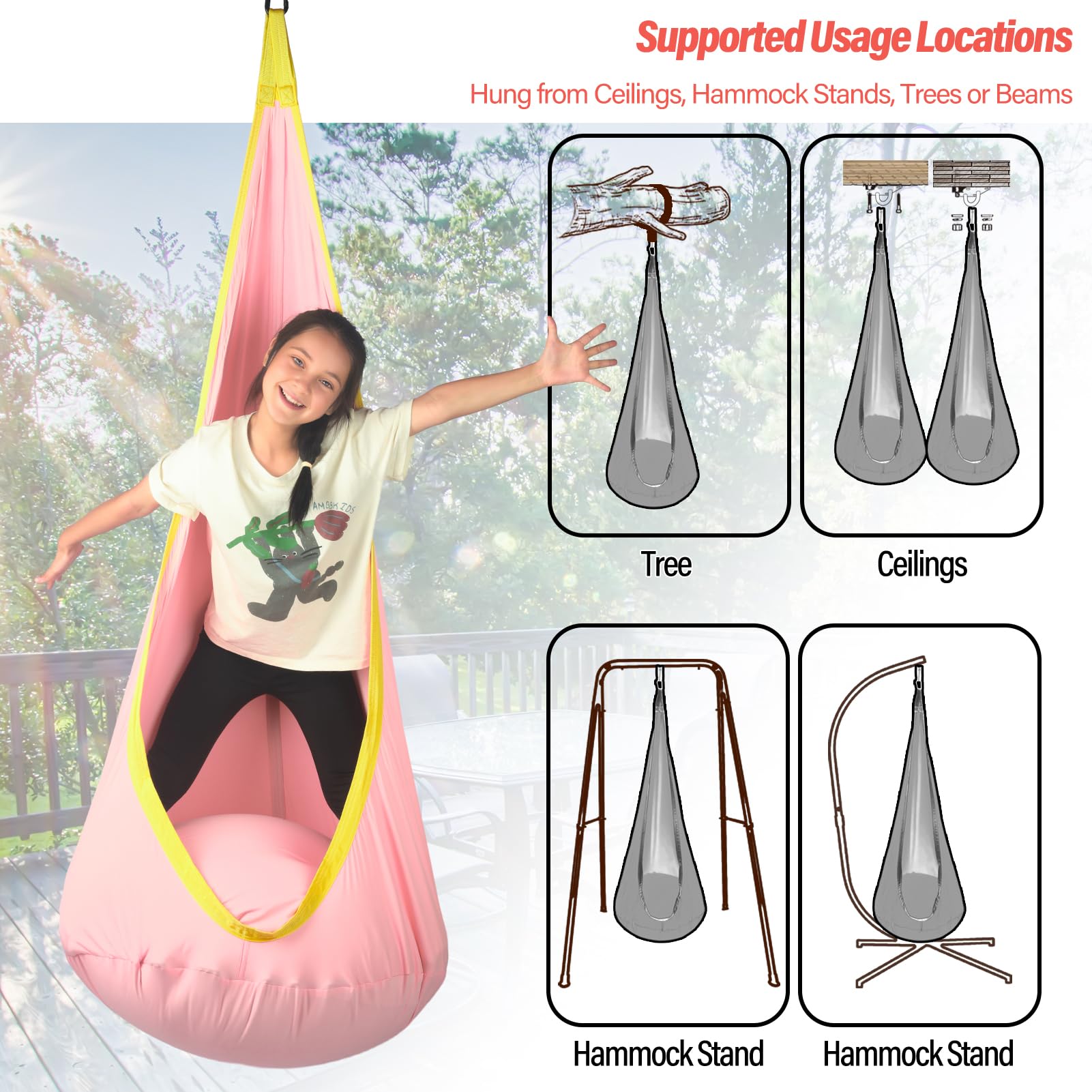 HiChrote pod swing mounted from ceiling beam with secure u-hook and daisy chain