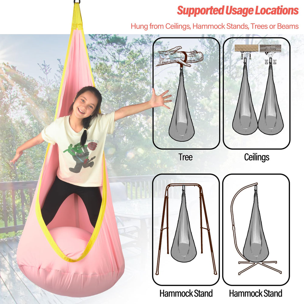 HiChrote pod swing mounted from ceiling beam with secure u-hook and daisy chain