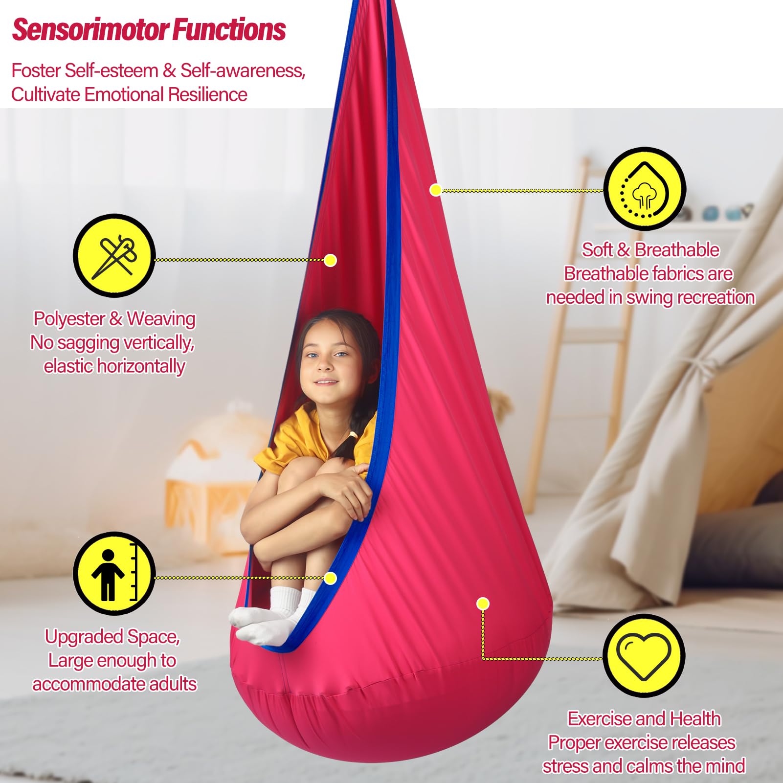 HiChrote swing beside child to show scale and generous internal space
