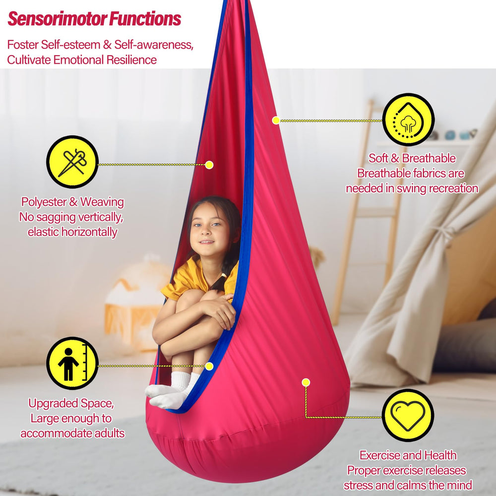 HiChrote swing beside child to show scale and generous internal space