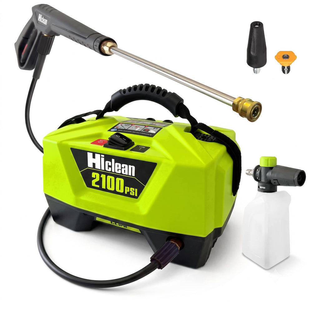 Hiclean front view of green pressure washer showing controls and portability benefit