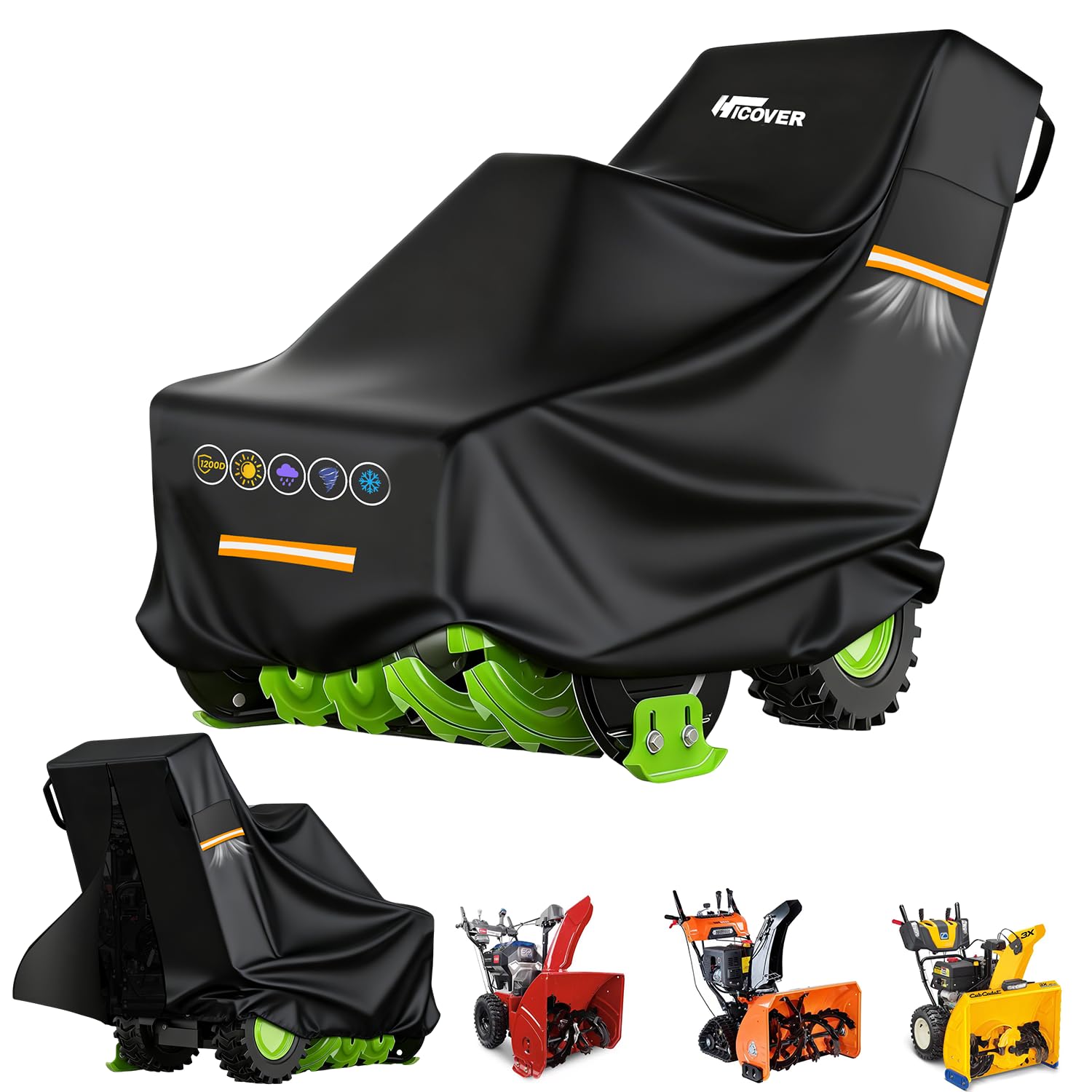 HICOVER front view showing full cover protecting snowblower and easy fit