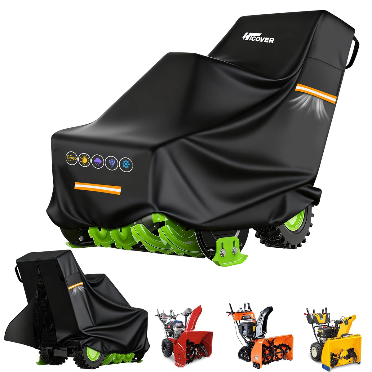 HICOVER front view showing full cover protecting snowblower and easy fit