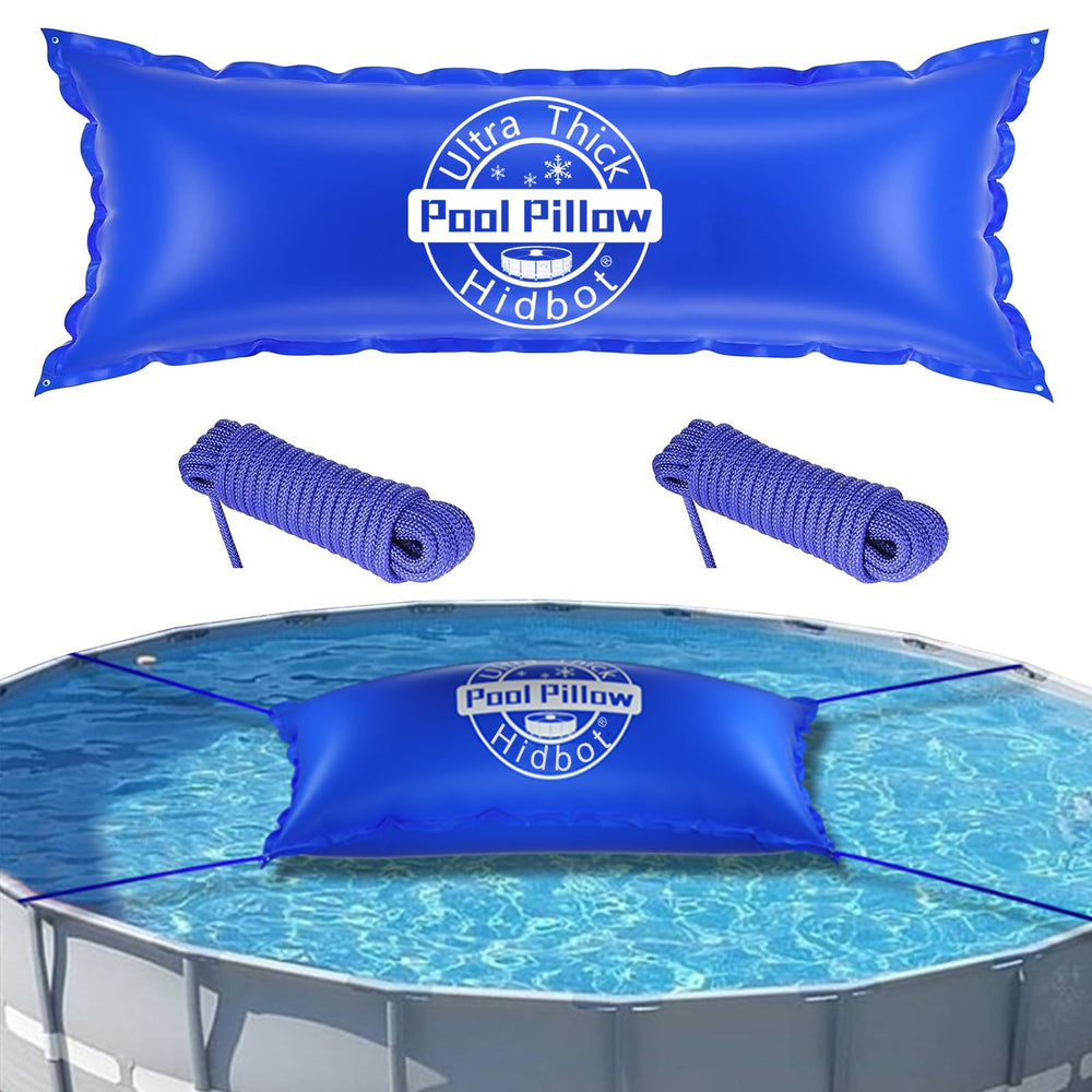 Hidbot front view of the 4x15 ft pool pillow showing heavy-duty vinyl and dimensions for winter protection