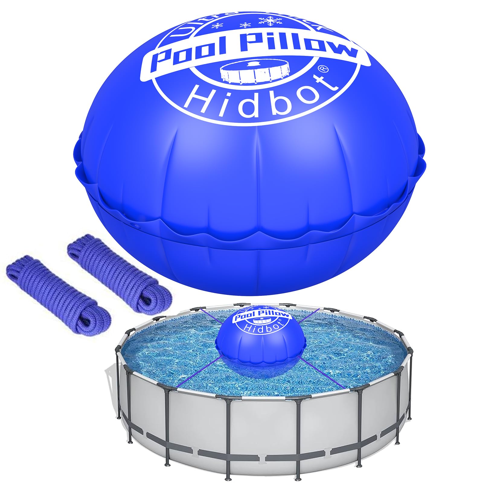 Hidbot front view packaging showing pool pillow and benefits