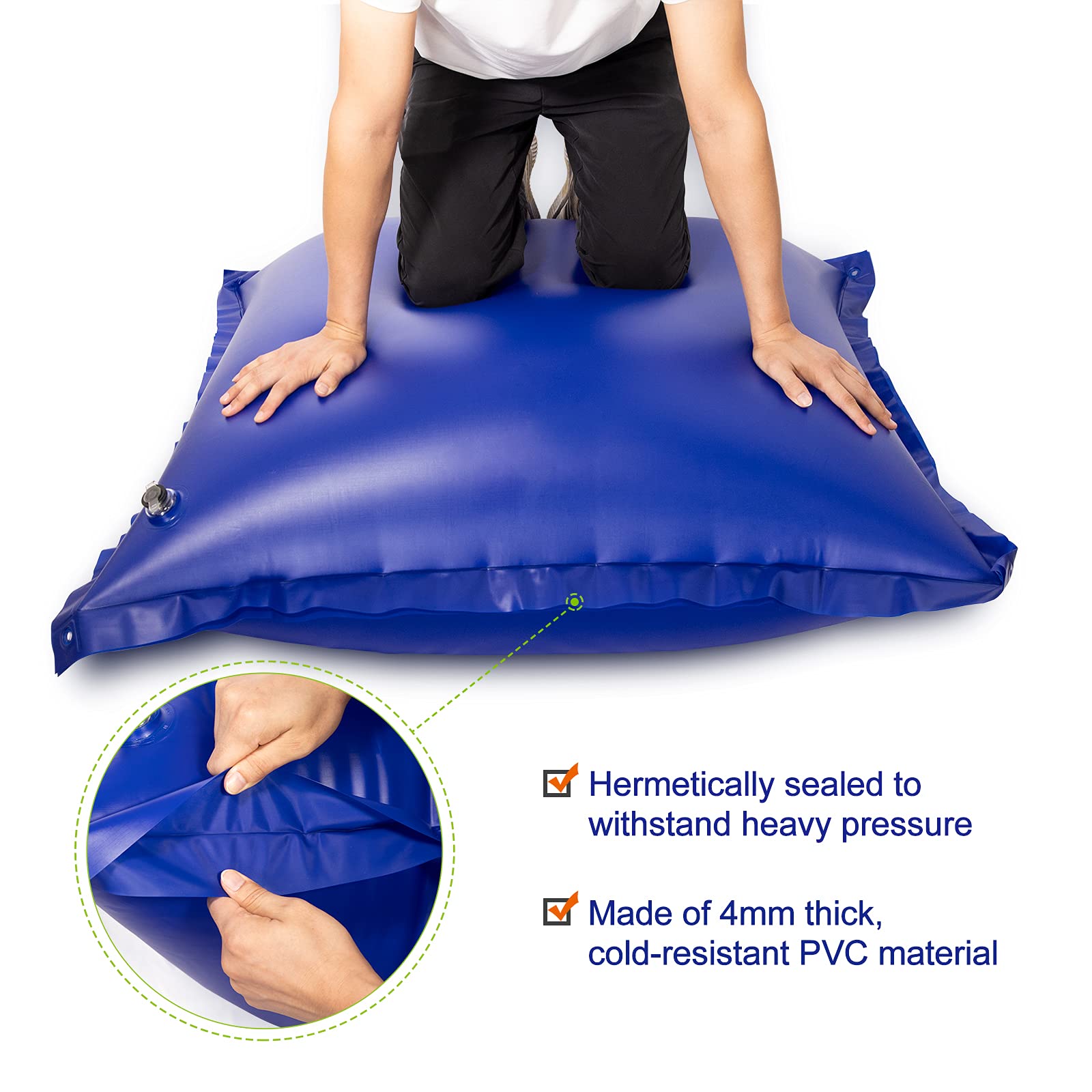 Hidbot pool pillow next to ladder for size comparison showing scale and fit benefit