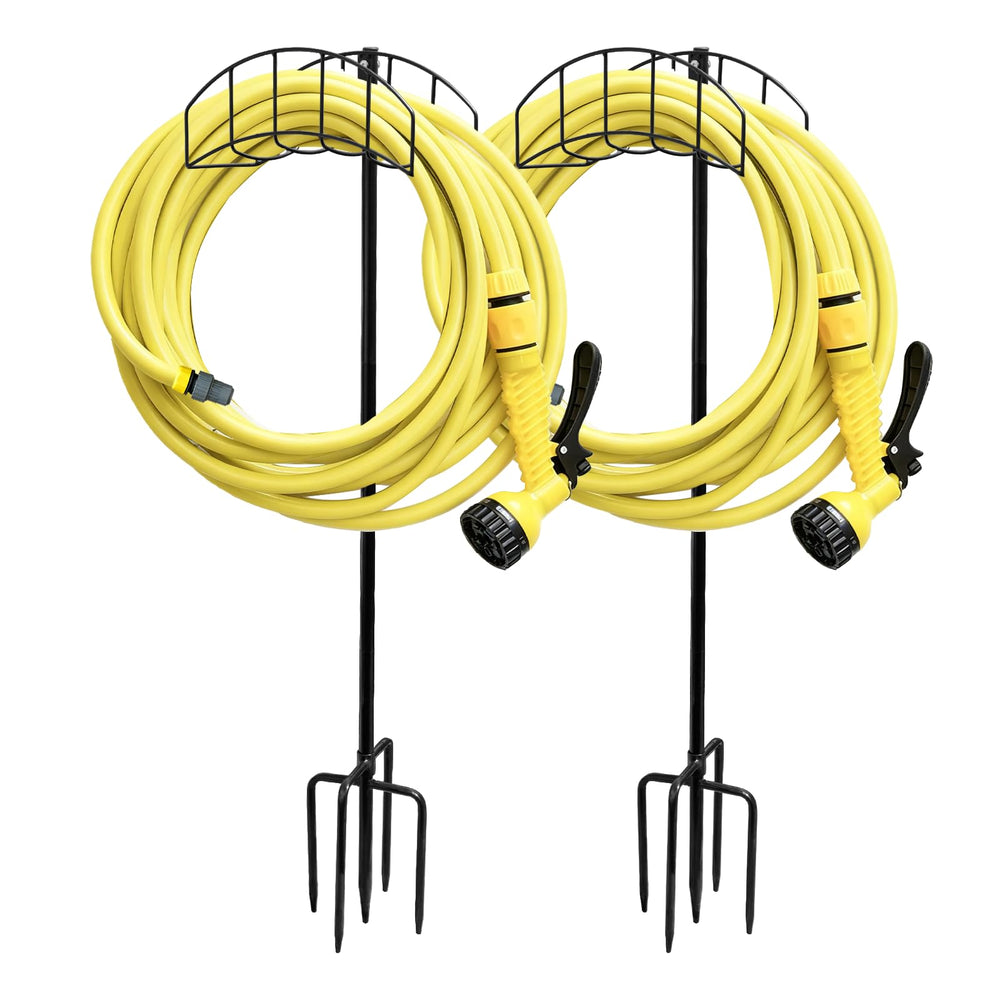 HIEDUYT front view of freestanding hose holder showing tidy hose storage benefit