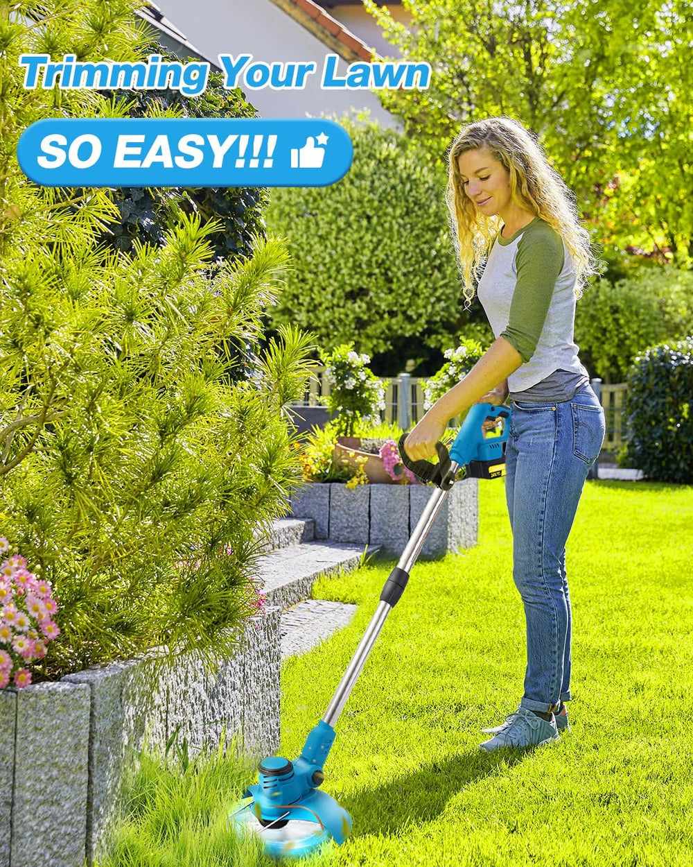 HieYungo trimmer next to a hand for scale showing lightweight easy handling