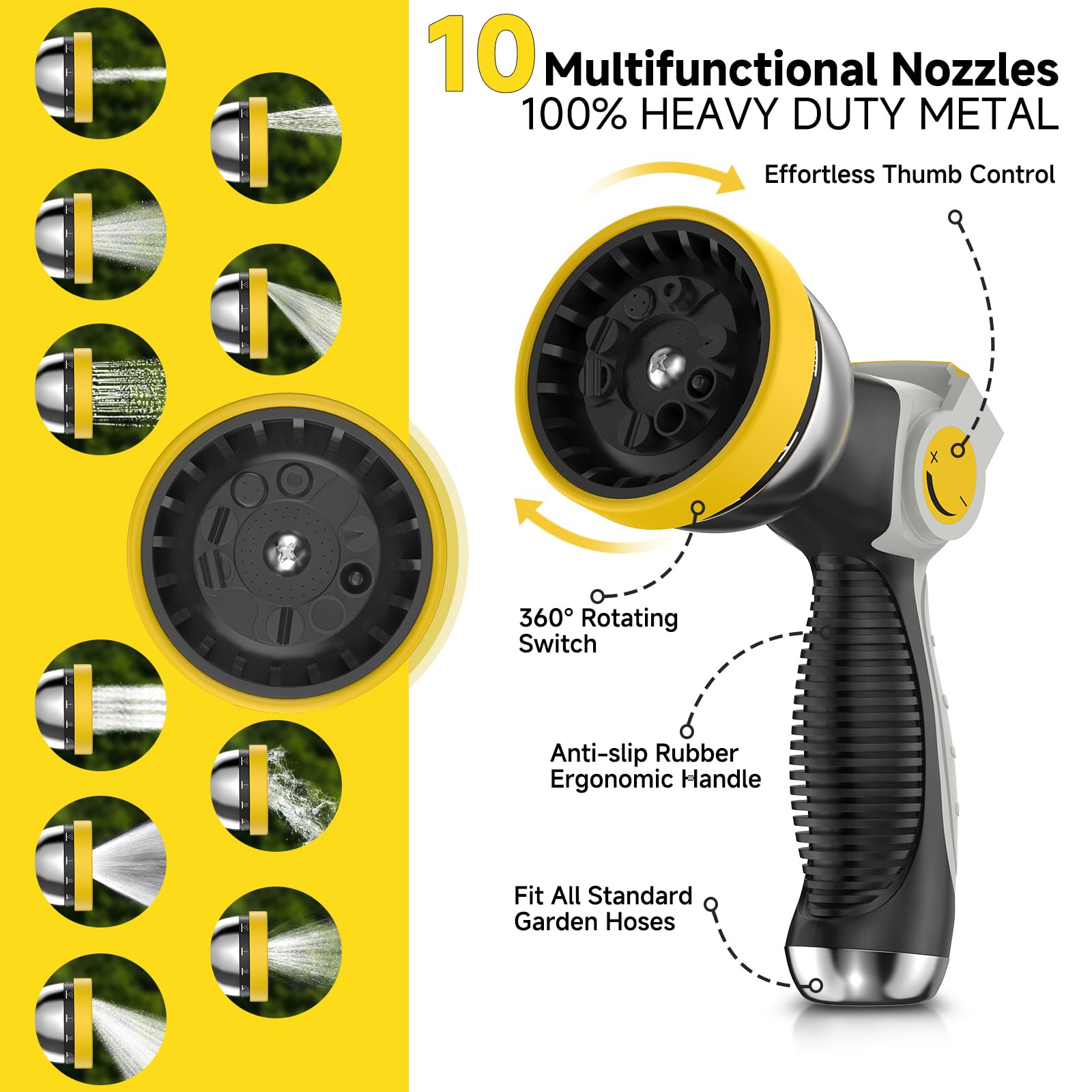 Higen metal 10-pattern nozzle in hand showing easy switch control for multiple watering needs