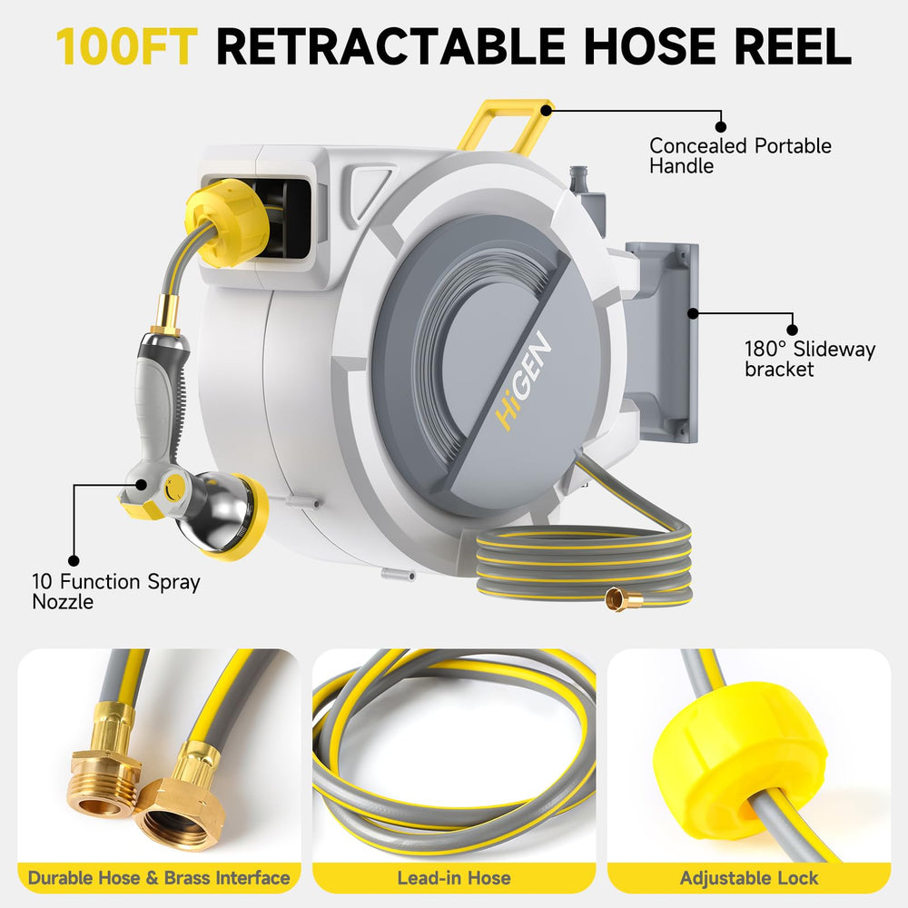 Higen 100 ft hose fully extended across lawn showing long reach for watering distant garden areas