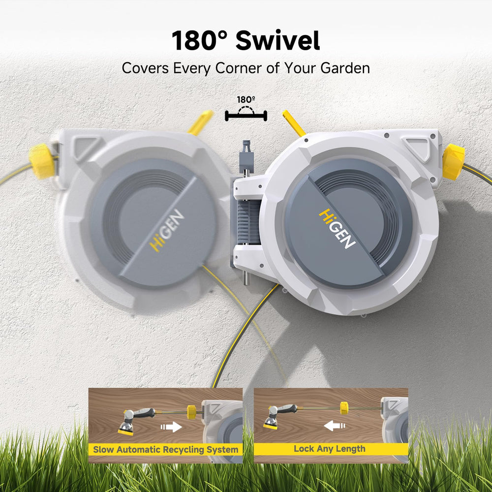 Higen mounted hose reel rotated 180 degrees demonstrating extended coverage and flexible positioning benefit