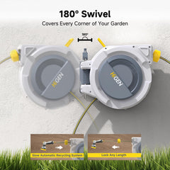 Higen mounted hose reel rotated 180 degrees demonstrating extended coverage and flexible positioning benefit