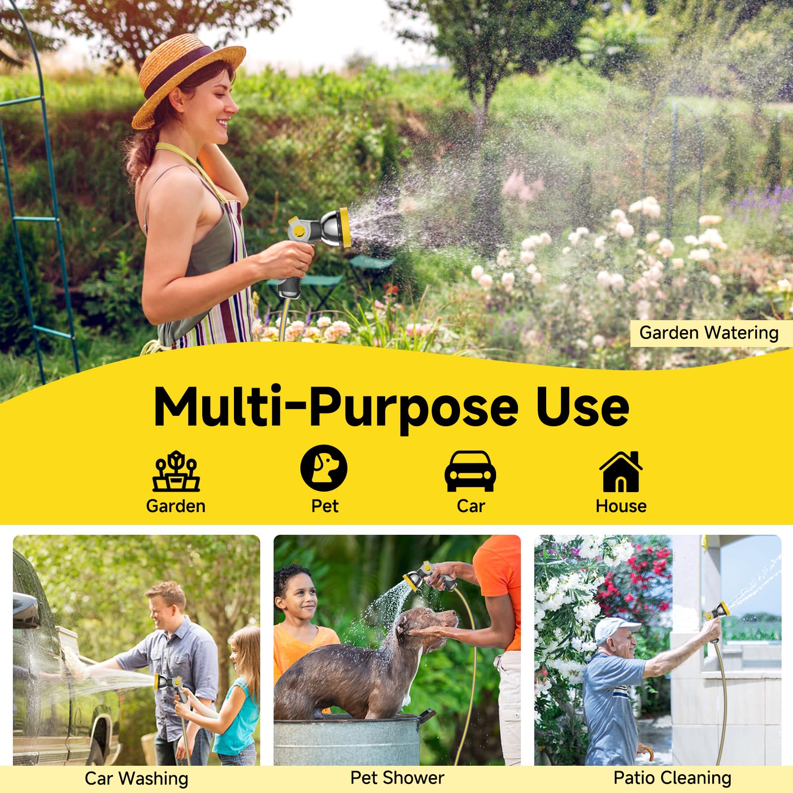 Higen lifestyle image of watering plants showing practical use and clean yard appearance benefit