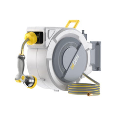 Higen front view of retractable hose reel showing compact housing and tidy design for organized storage