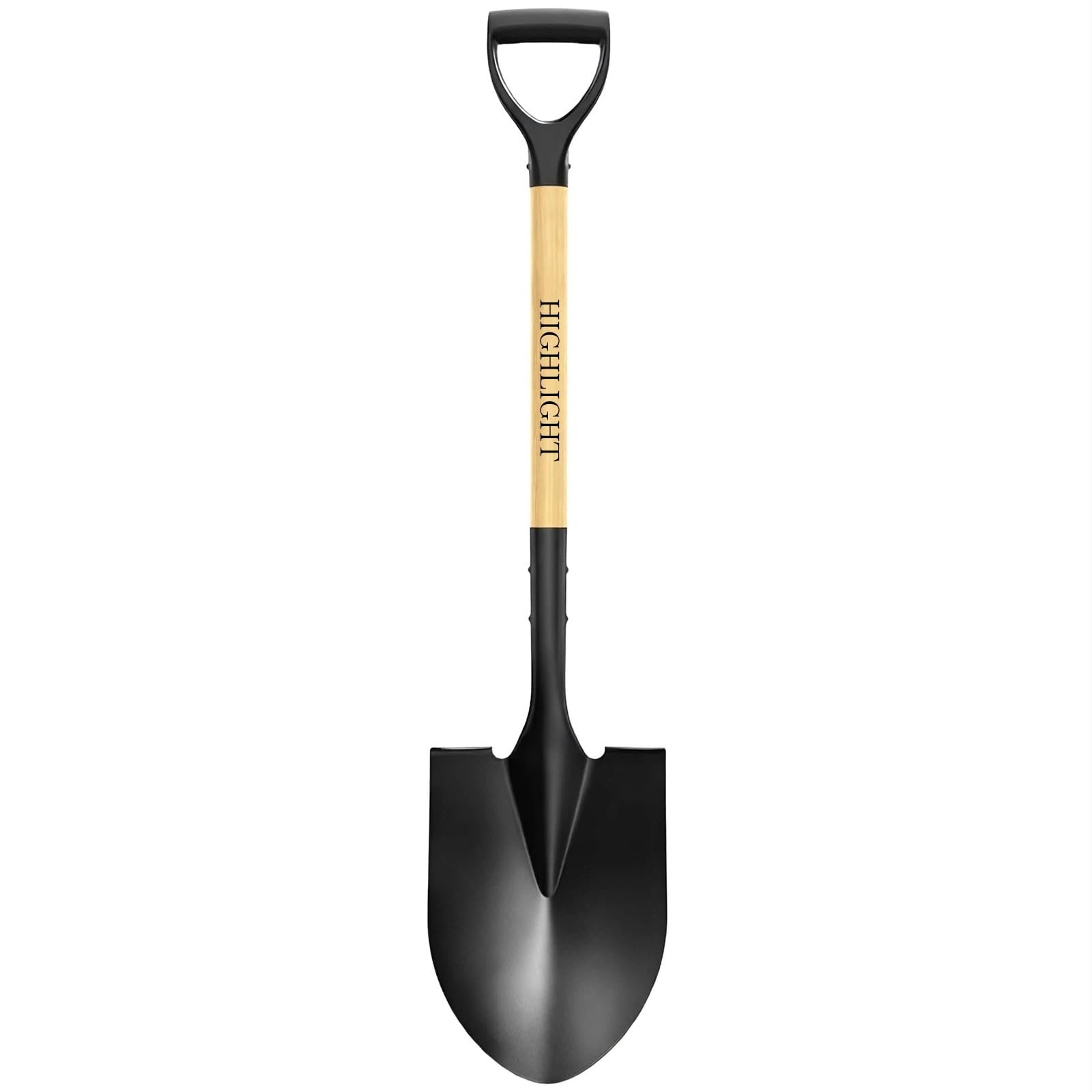 HIGHLIGHT front view showing round point blade and wooden D-handle for versatile digging