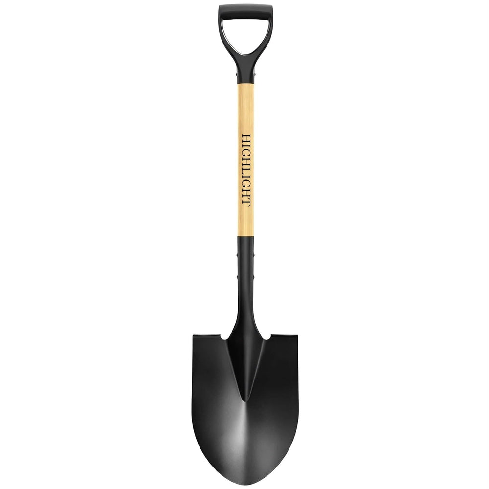 HIGHLIGHT front view showing round point blade and wooden D-handle for versatile digging