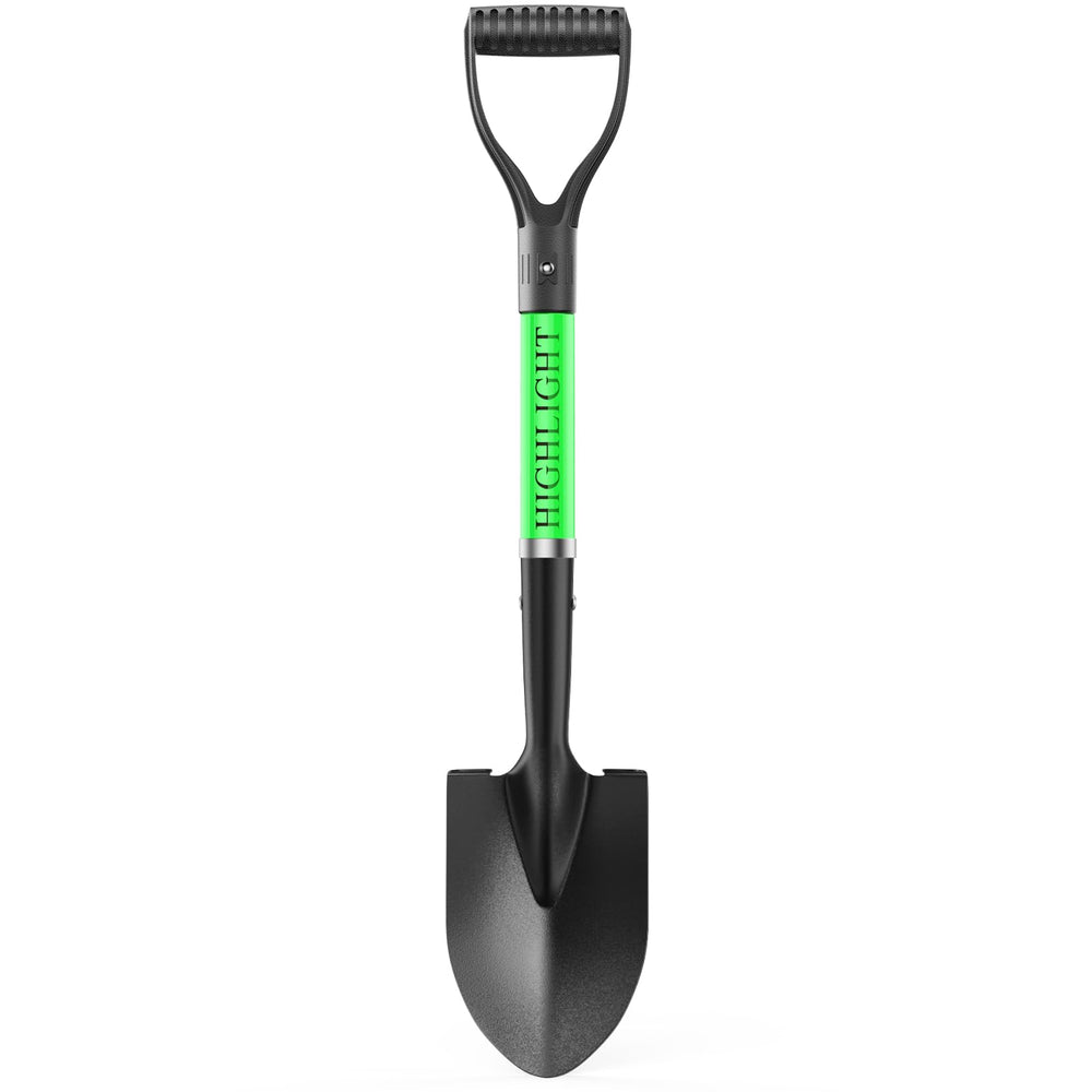 HIGHLIGHT front view of green 28-inch kids shovel showing whole tool and balance