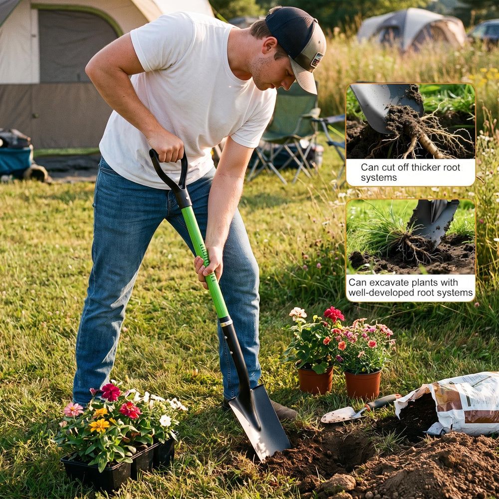 HIGHLIGHT shovel cutting a trench in soil showing efficient drainage channel digging
