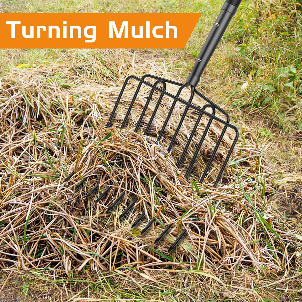 HIGHLIGHT fork beside yard rake showing 45-inch scale and size advantage