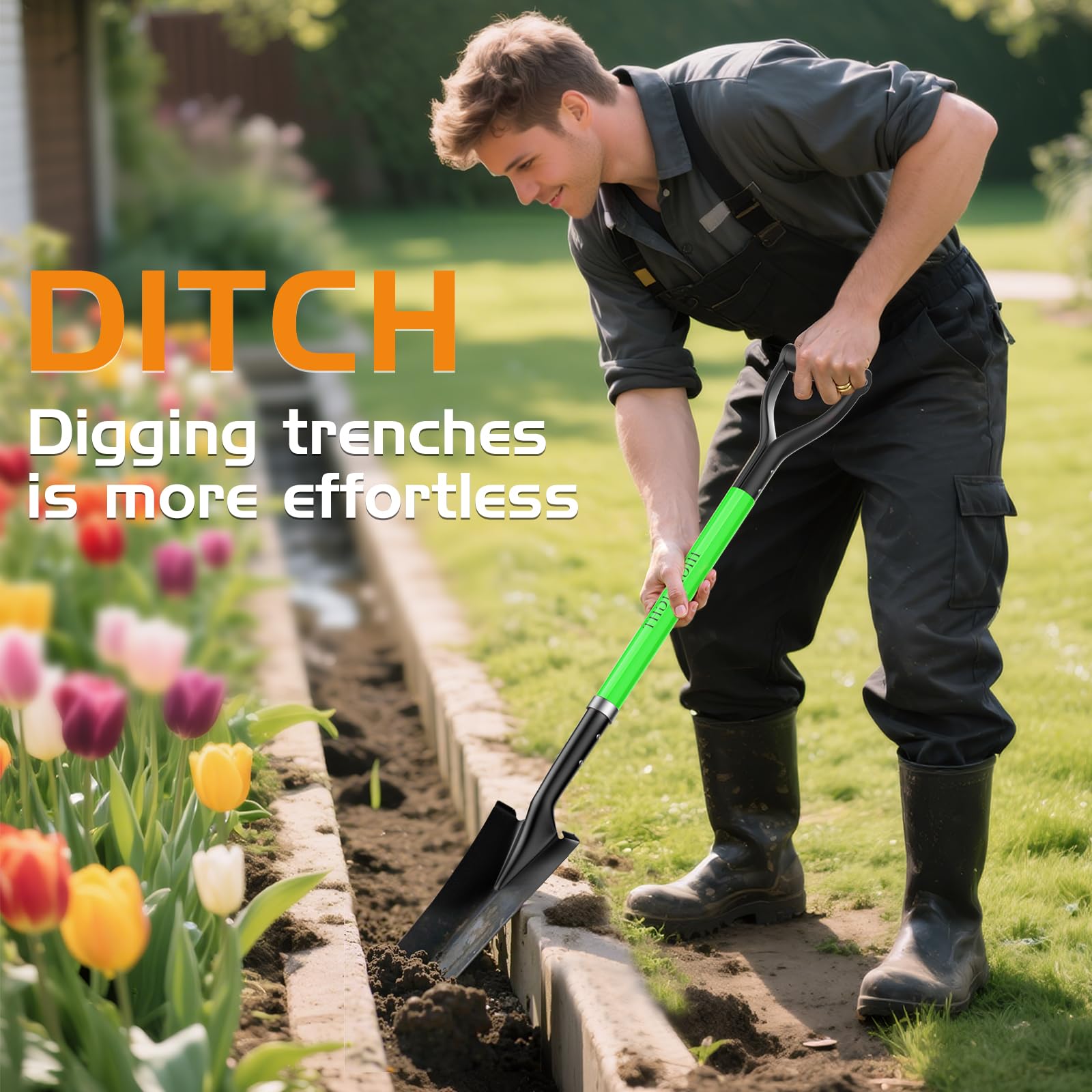 HIGHLIGHT shovel beside measuring tape showing 45-inch height for reduced bending