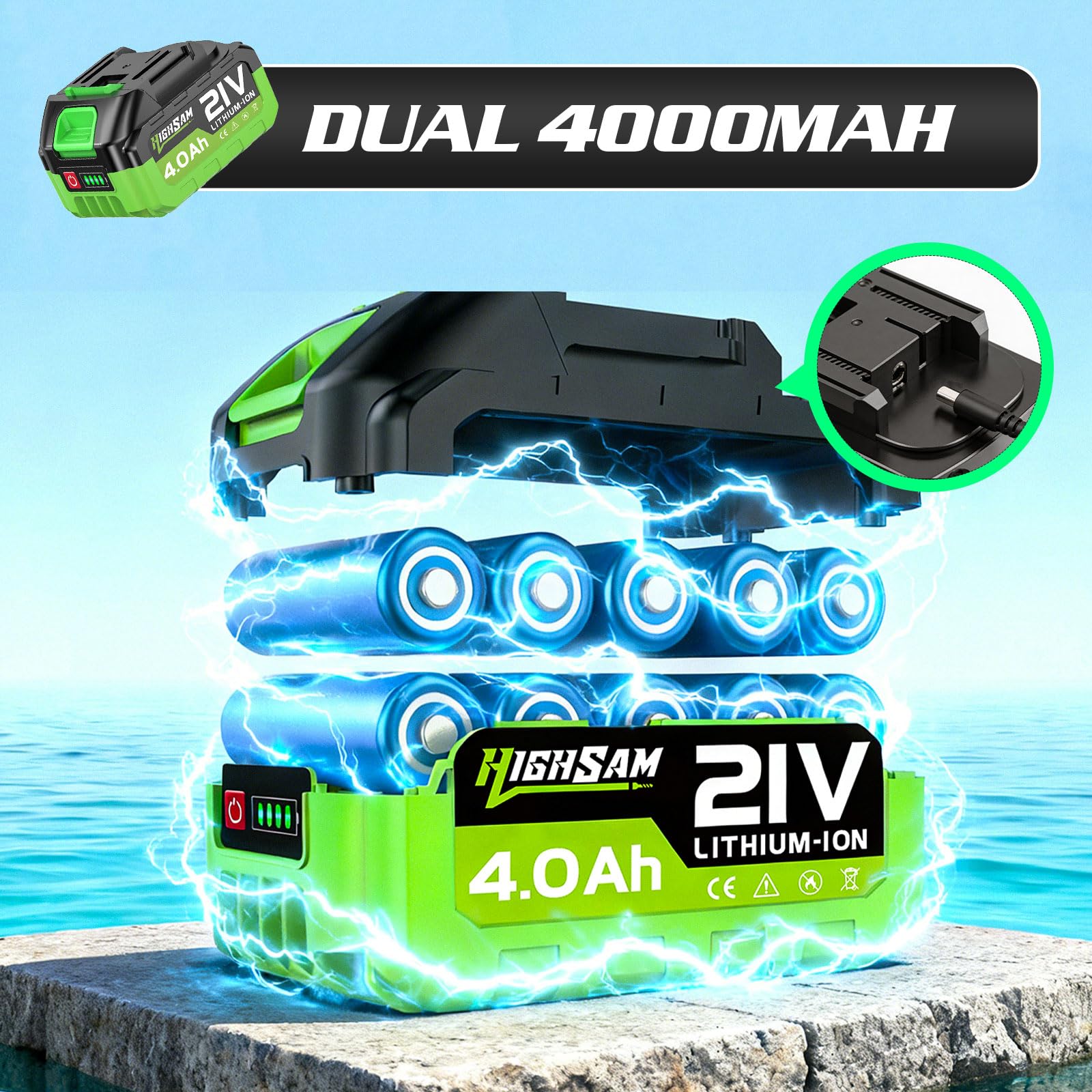 highsam batteries and charging station showing dual 4000mAh packs for long runtime