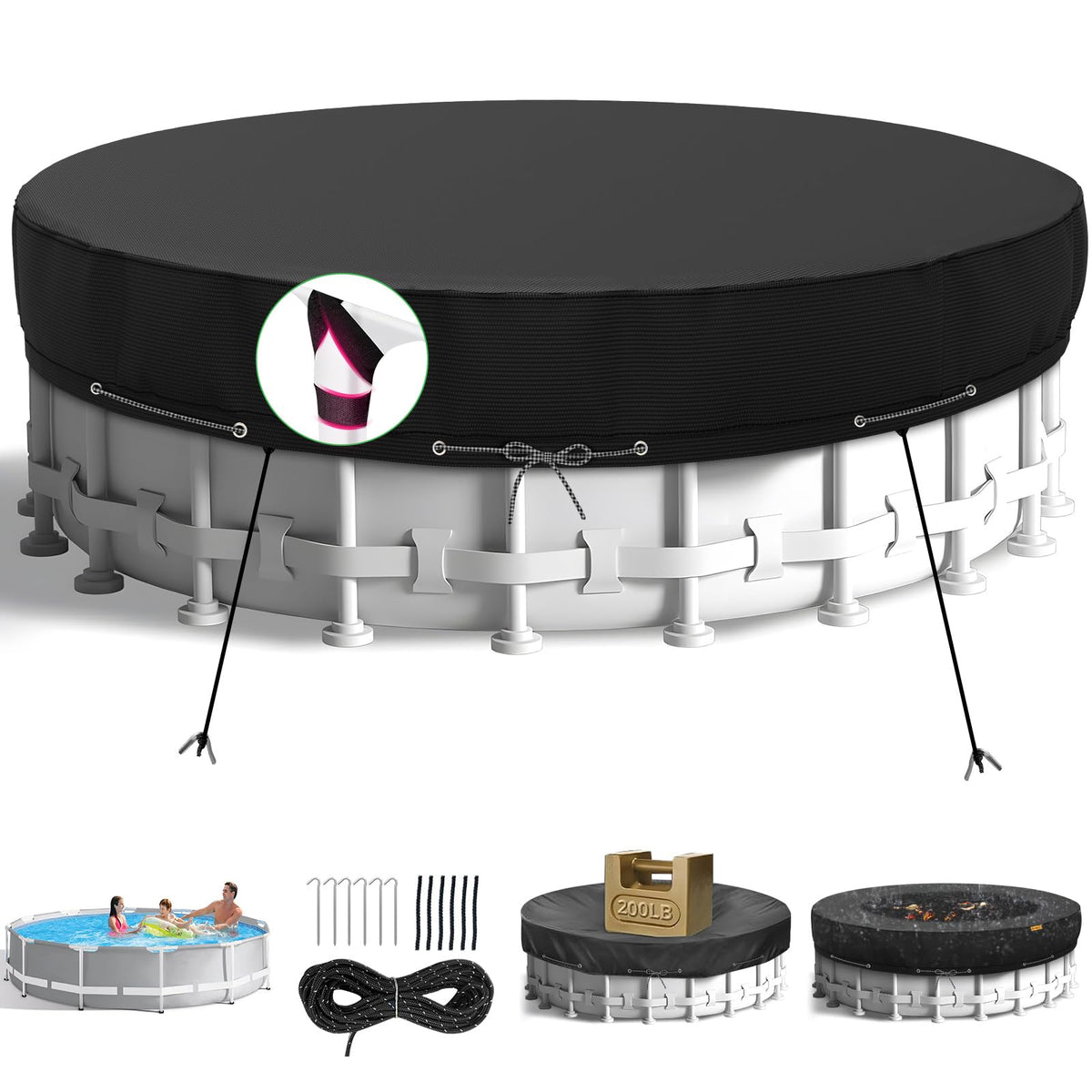 HIGHTQURO front view of 18ft pool cover showing full fit and protection